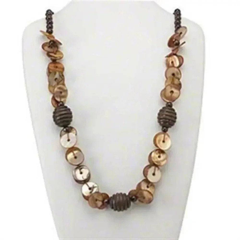 Handcrafted Earthy Freshwater Pearl Shell and Japanese Pagoda Wood Necklace